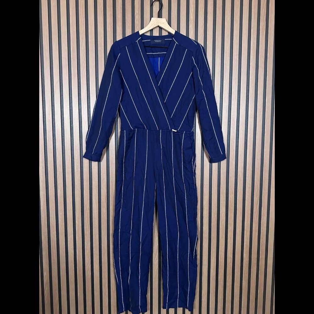 Scotch & Soda Jumpsuit XS Womens Blue Striped Long Sleeve Faux Wrap Coverall